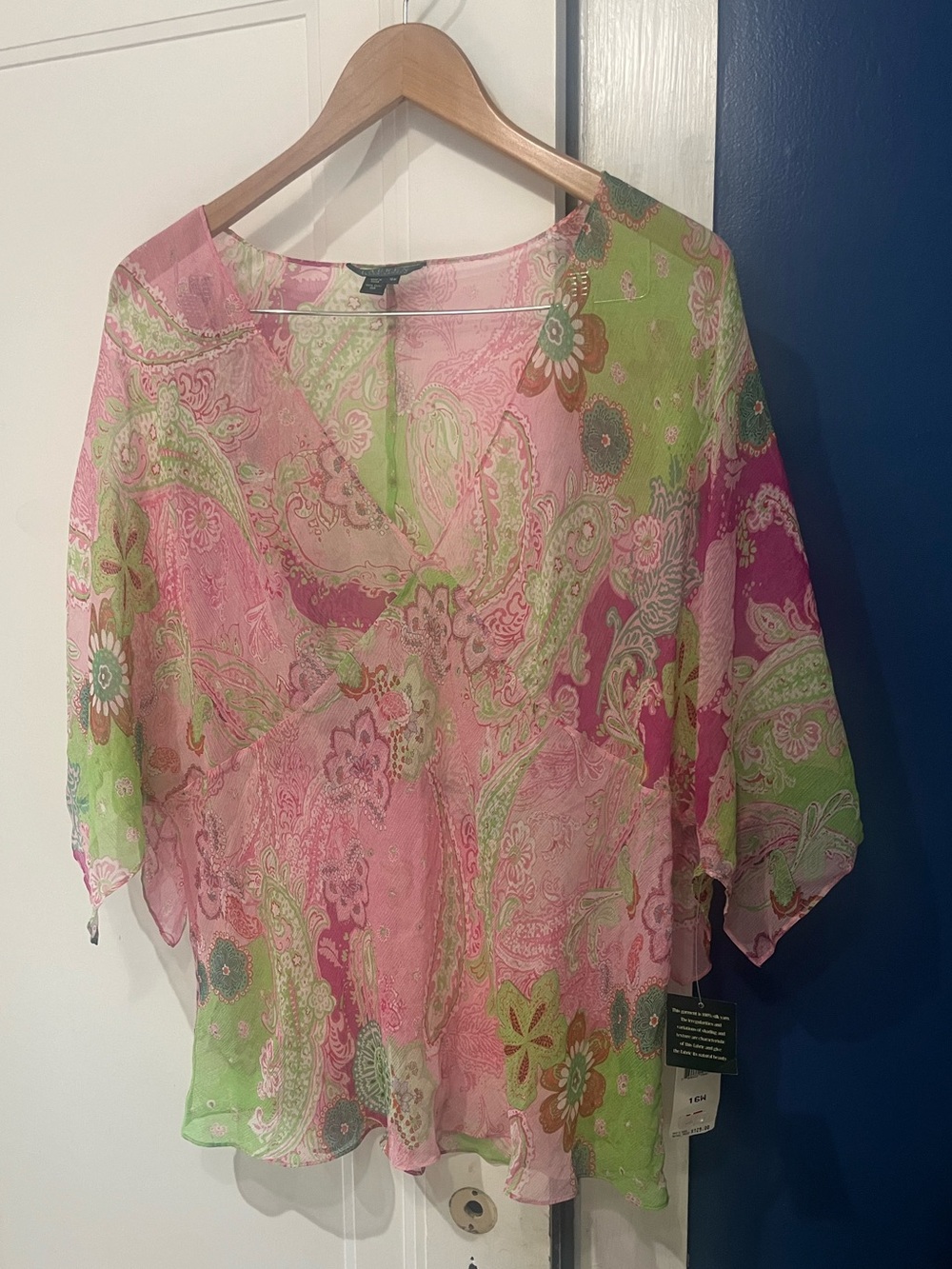 Ralph Lauren Pink and Green Paisley Sheer Blouse, 100% silk , Size, 16
